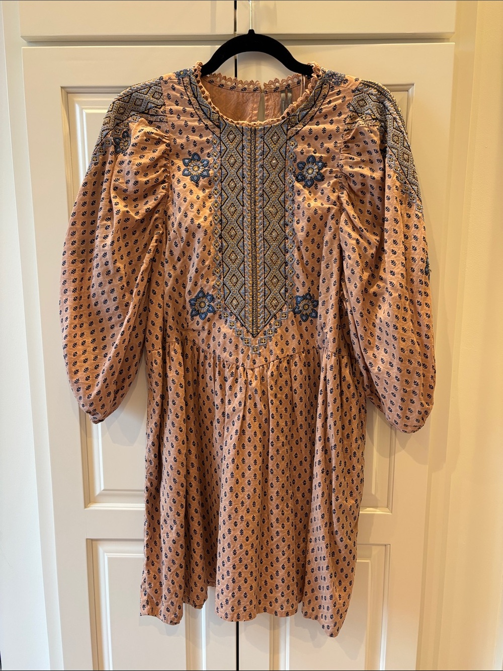 Anthropologie Peach Mini Dress with Blue Embroidery